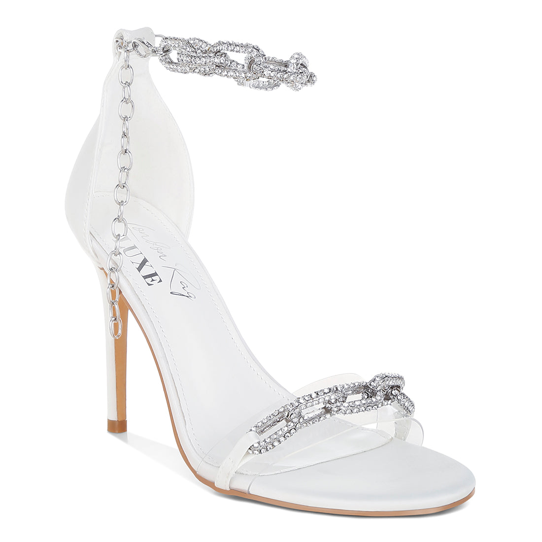 rhinestones chain stiletto sandals#color_white