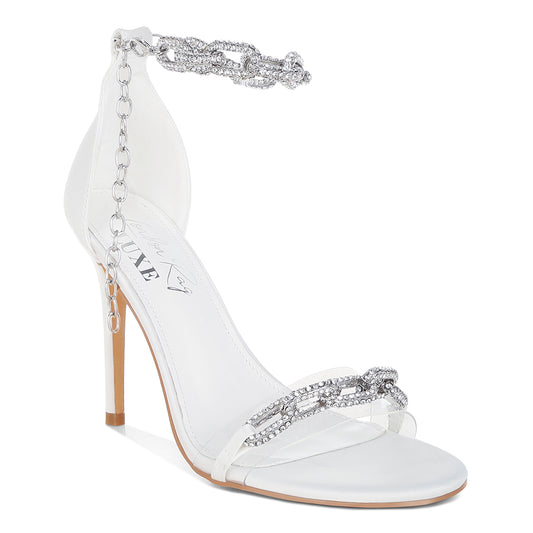 rhinestones chain stiletto sandals#color_white