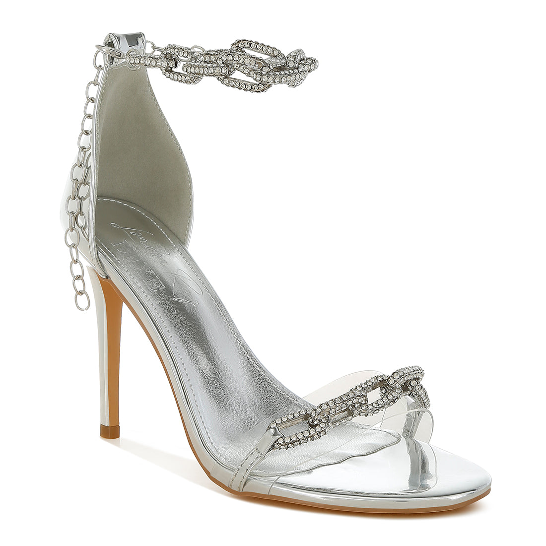 rhinestones chain metallic stiletto sandals#color_silver