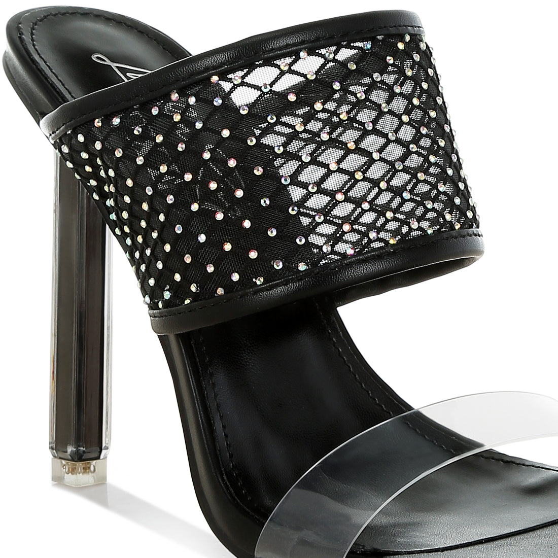clear embellished square toe heels#color_black