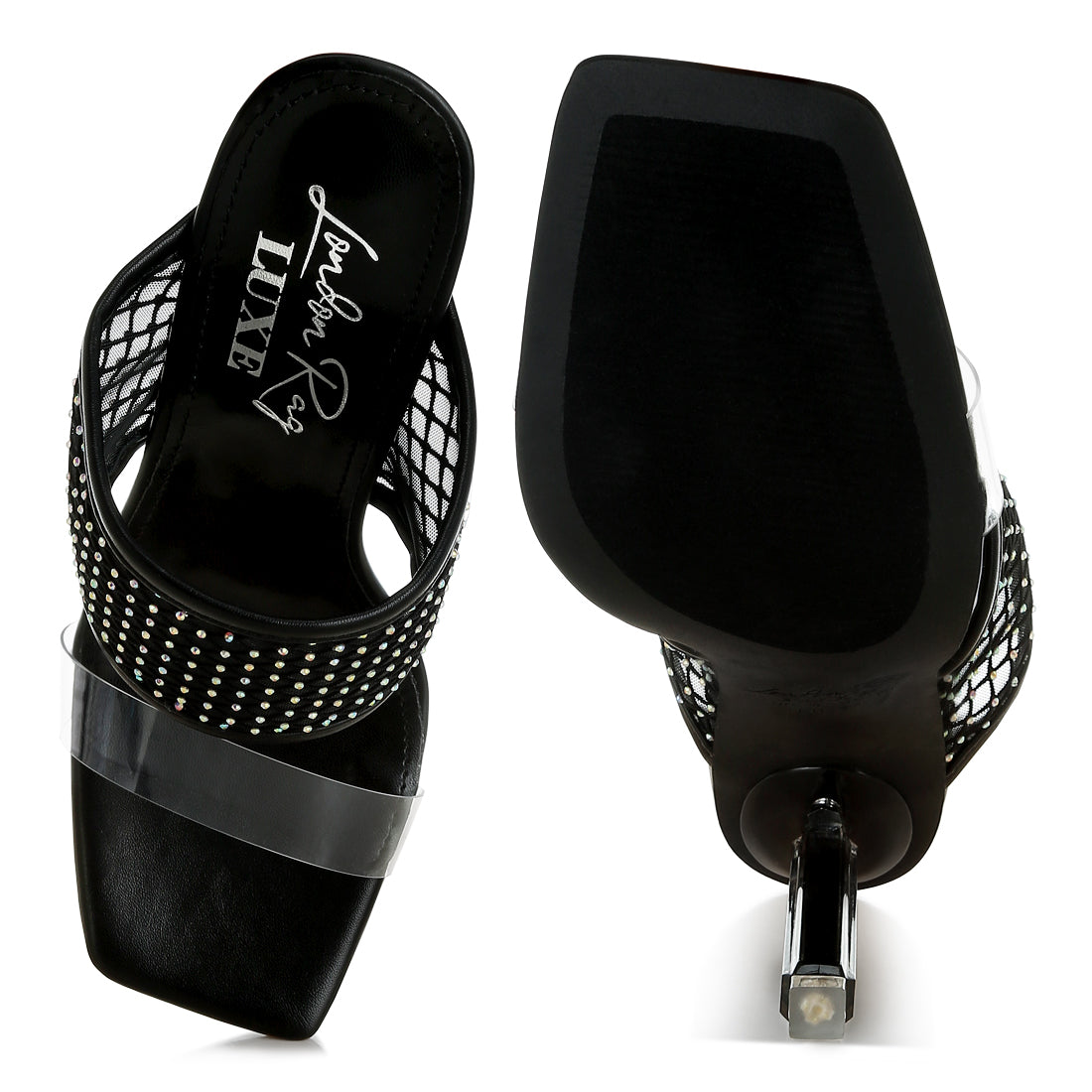 clear embellished square toe heels#color_black