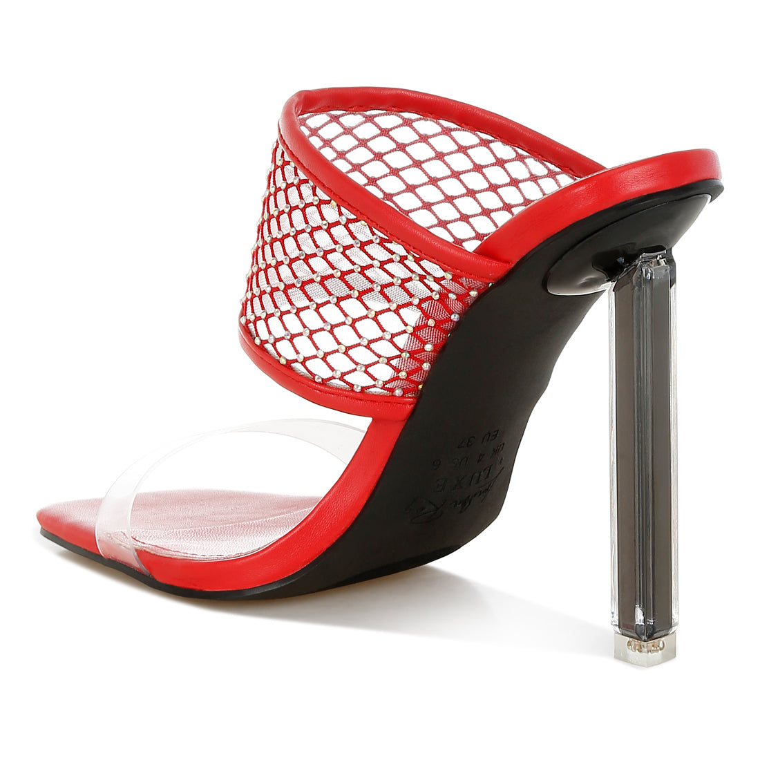 clear embellished square toe heels#color_red