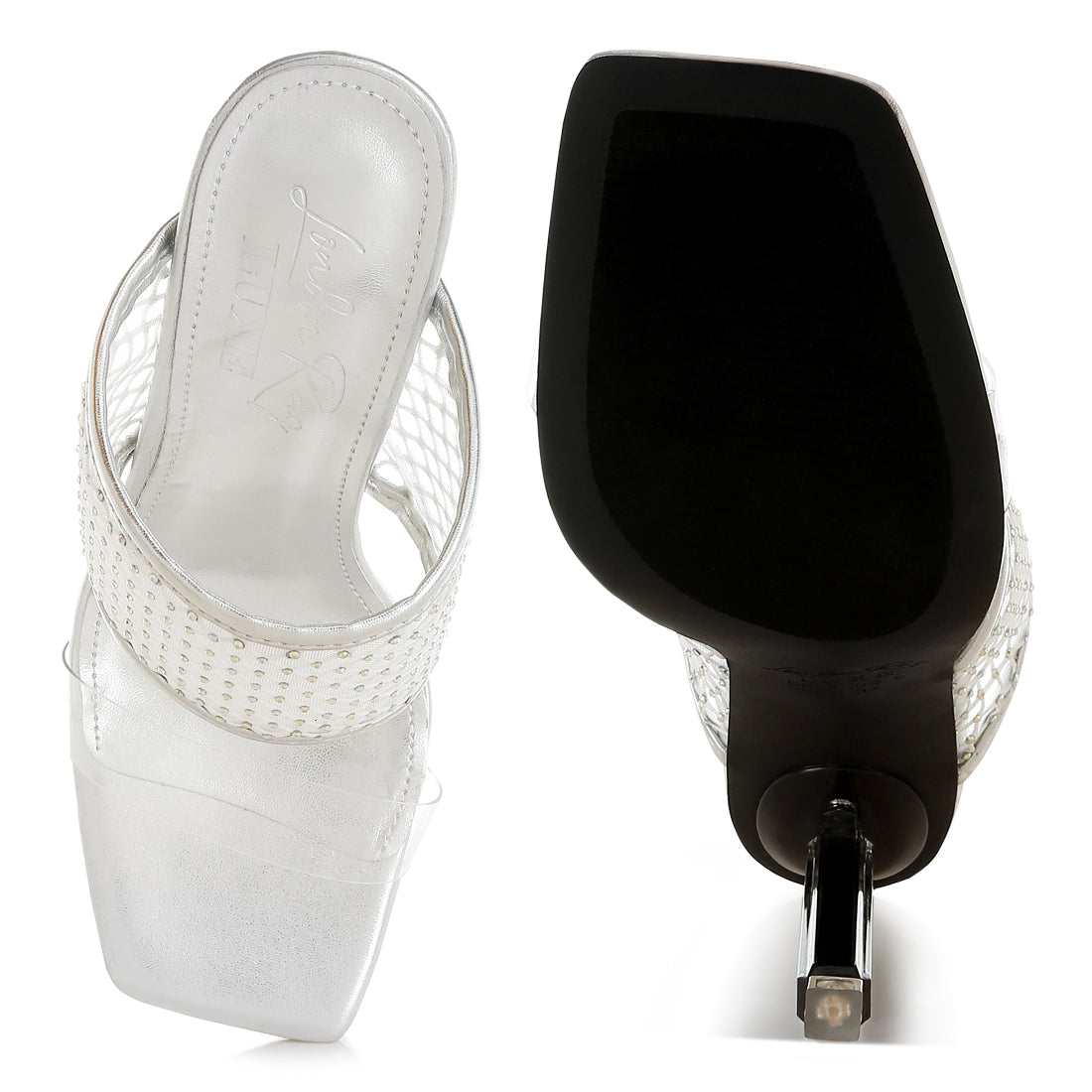 clear embellished square toe heels#color_silver