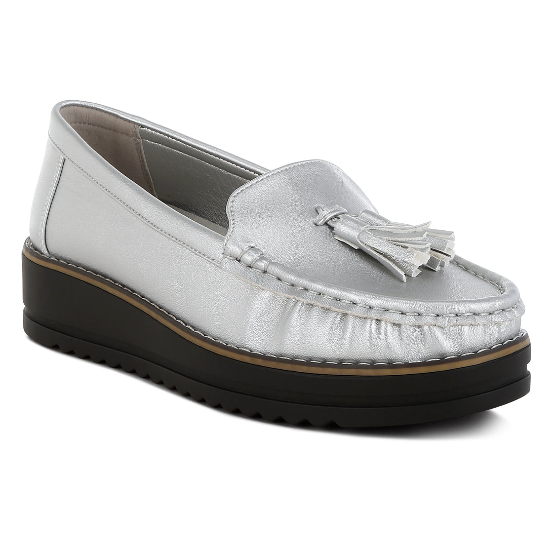 metallic tassel detail loafers#color_silver
