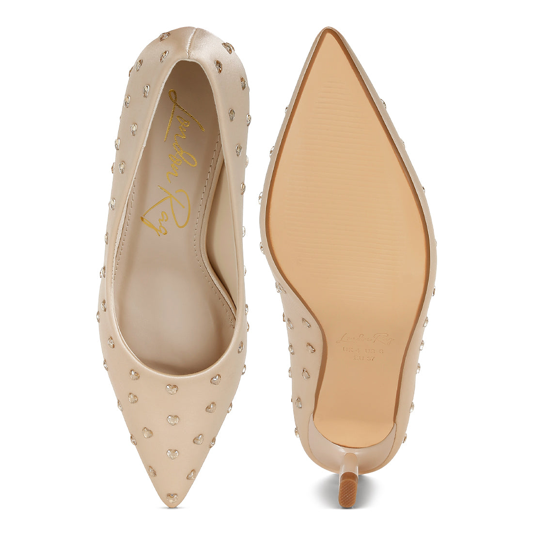 heart-shaped rhinestones pumps#color_beige