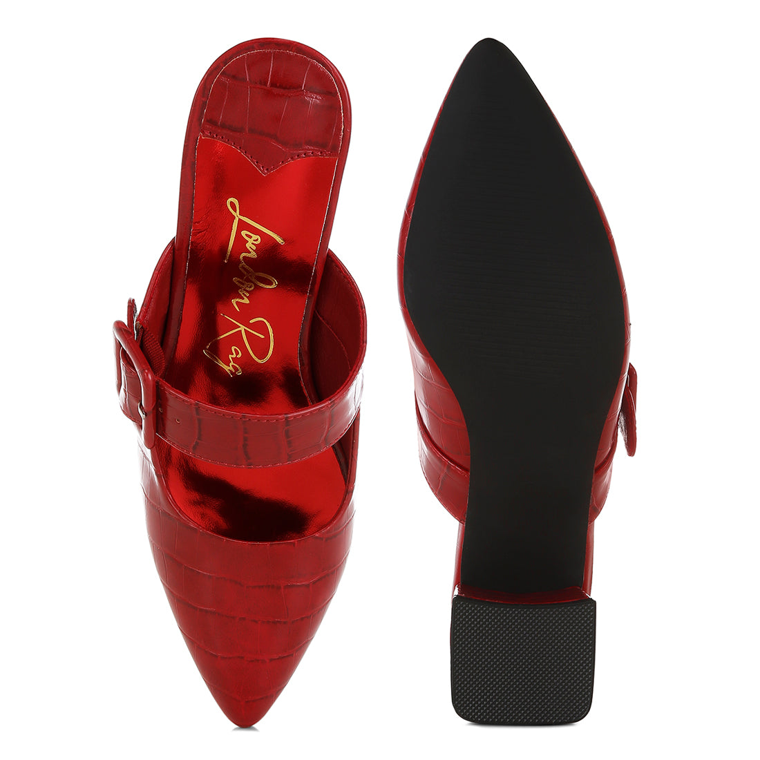 croco buckle strap detail mules#color_red