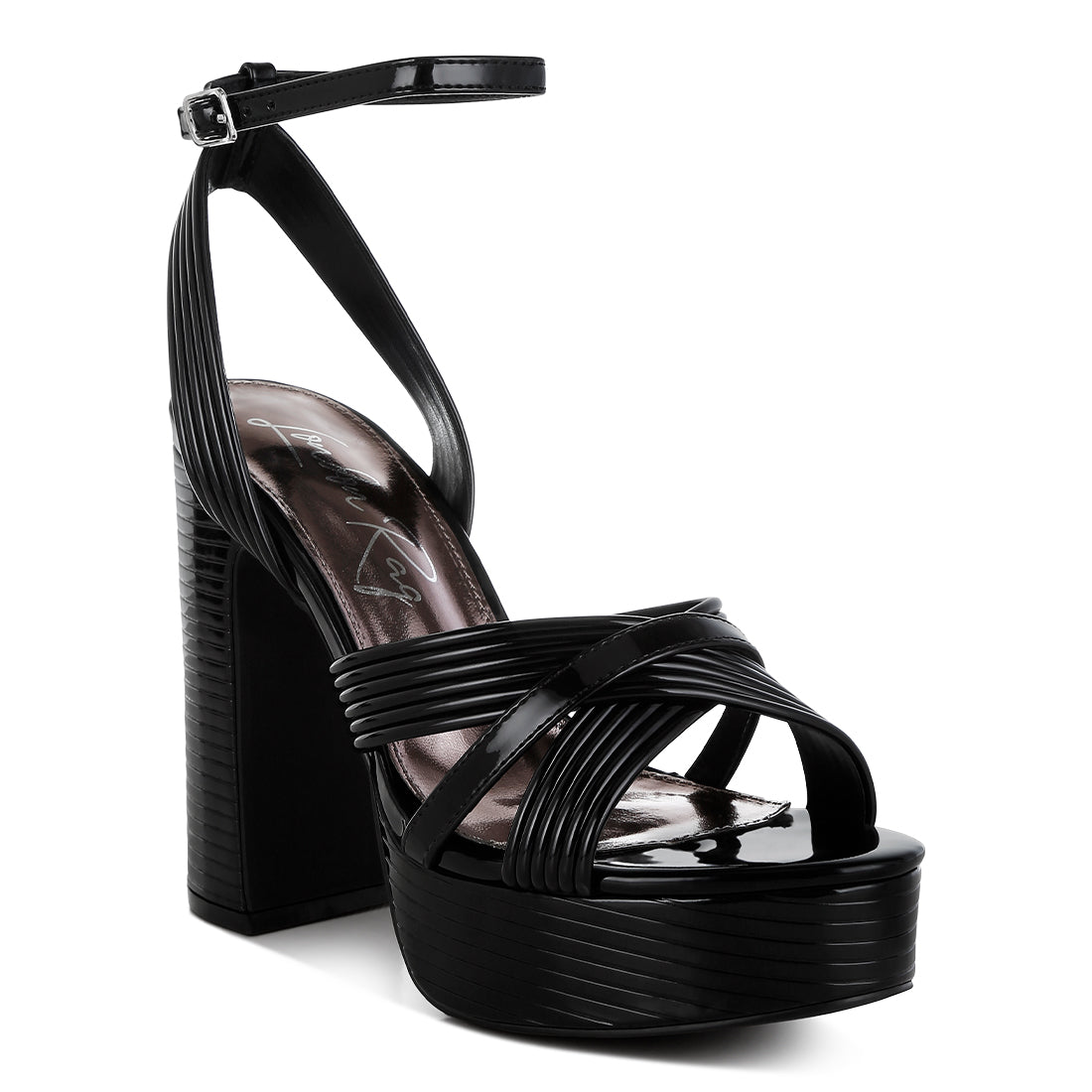 metallic ankle strap heel sandals#color_black
