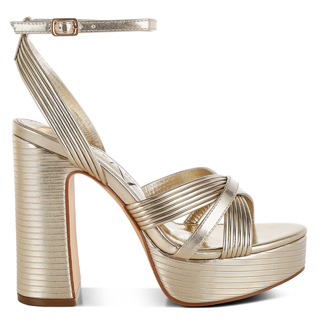 metallic ankle strap heel sandals#color_gold