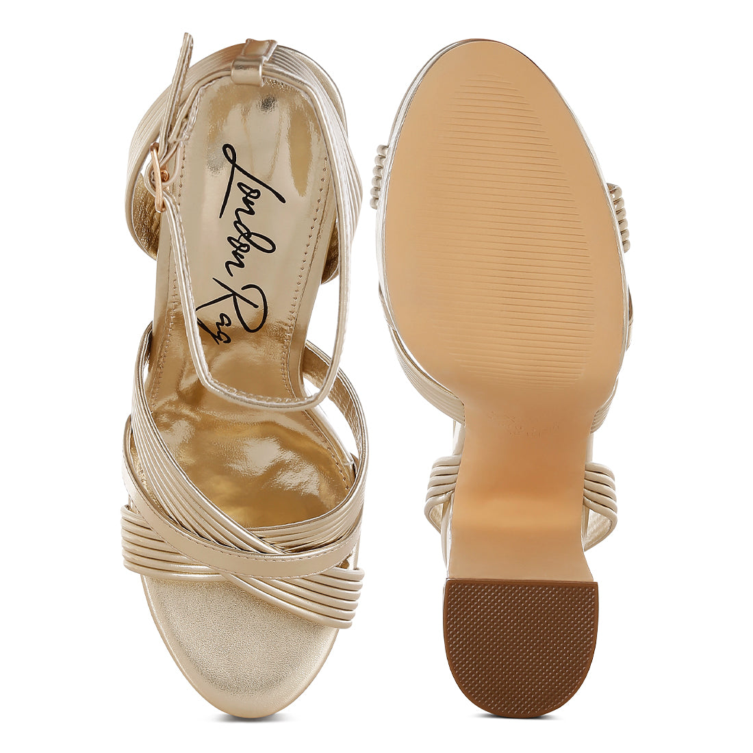 metallic ankle strap heel sandals#color_gold