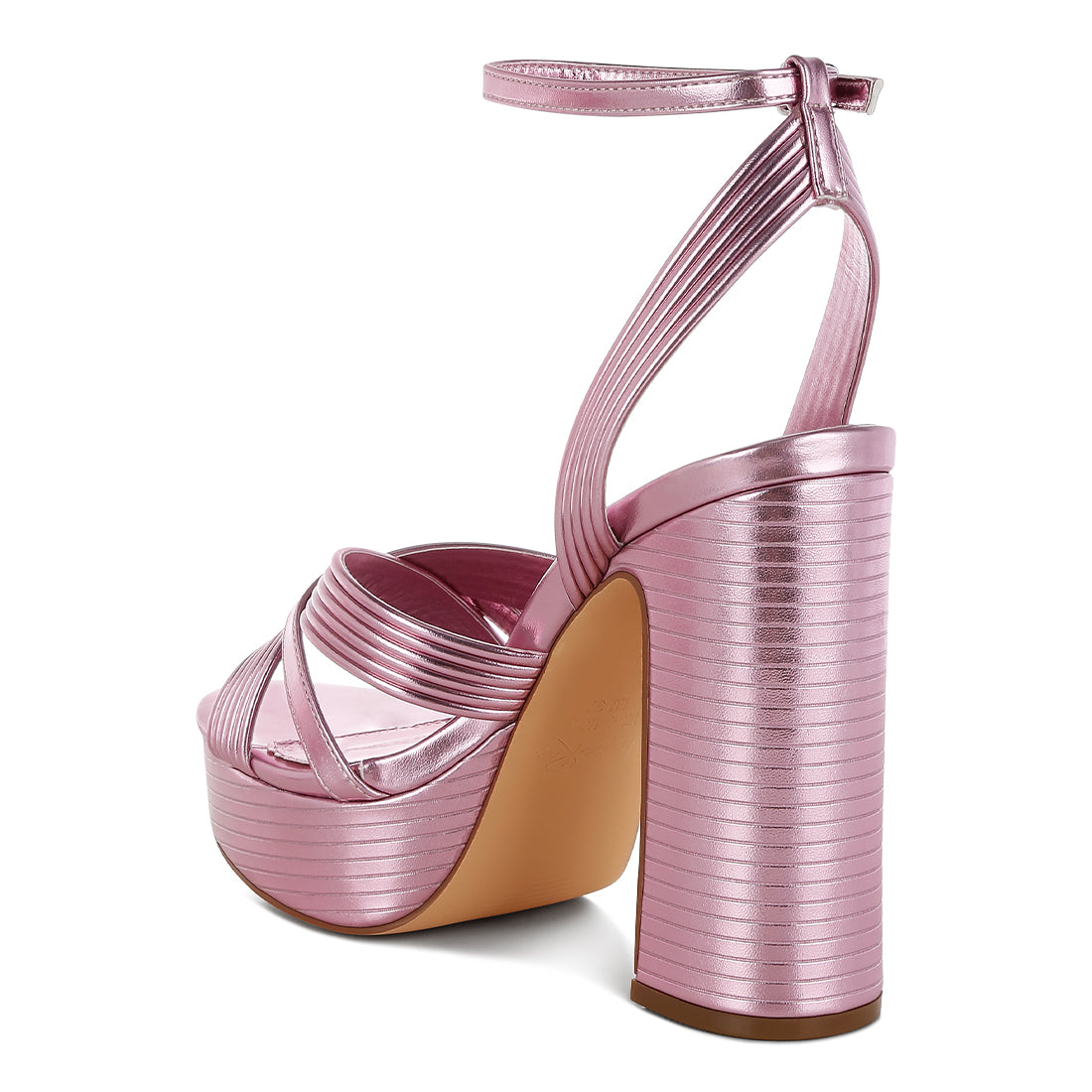 metallic ankle strap heel sandals#color_pink