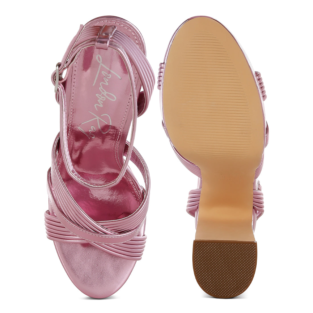 metallic ankle strap heel sandals#color_pink