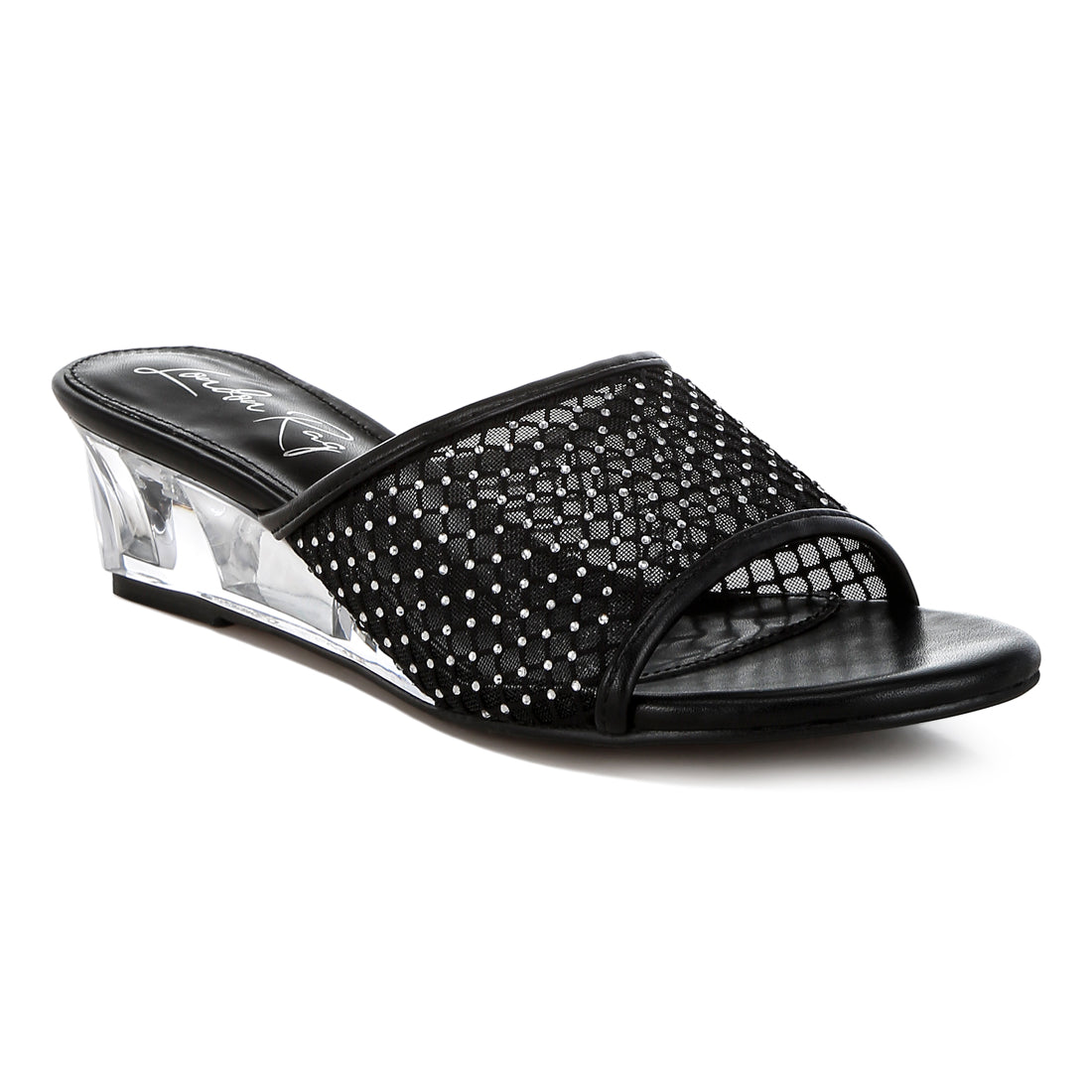 mesh clear heel wedge sandals#color_black