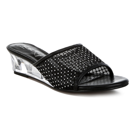 mesh clear heel wedge sandals#color_black