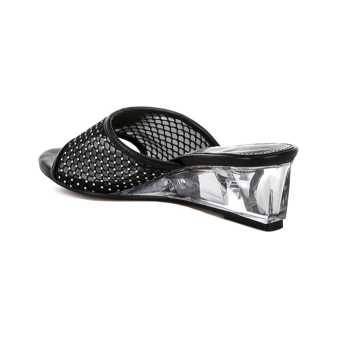 mesh clear heel wedge sandals#color_black