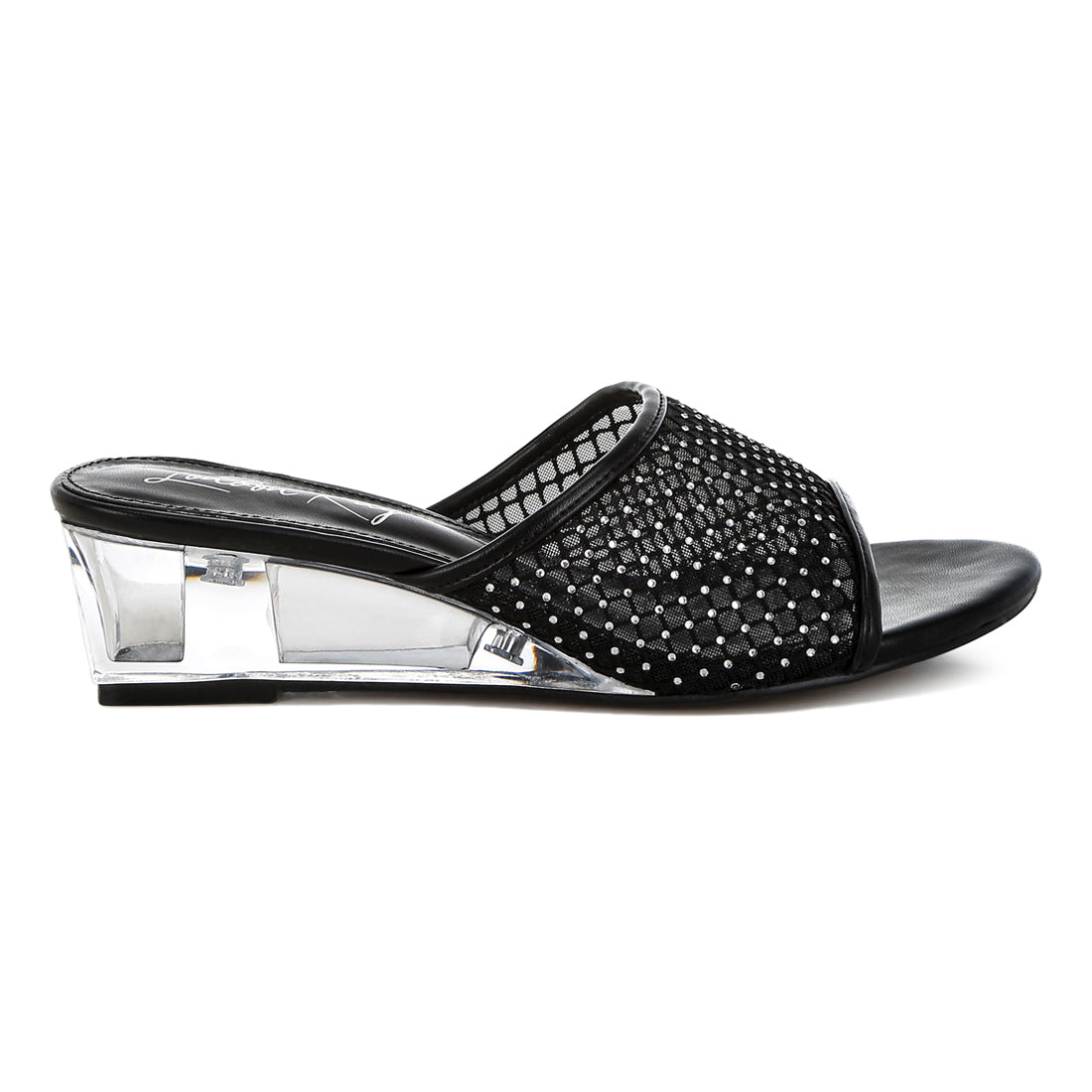 mesh clear heel wedge sandals#color_black