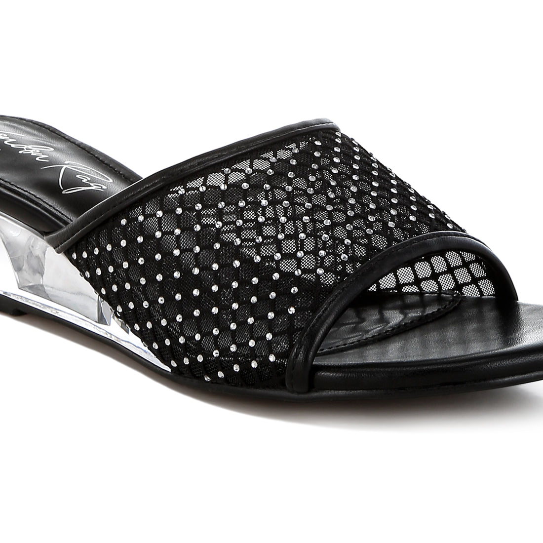 mesh clear heel wedge sandals#color_black