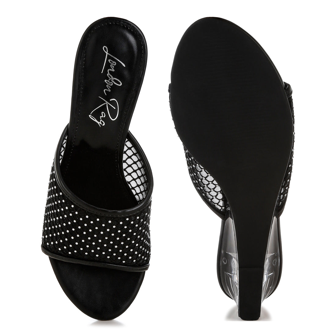 mesh clear heel wedge sandals#color_black