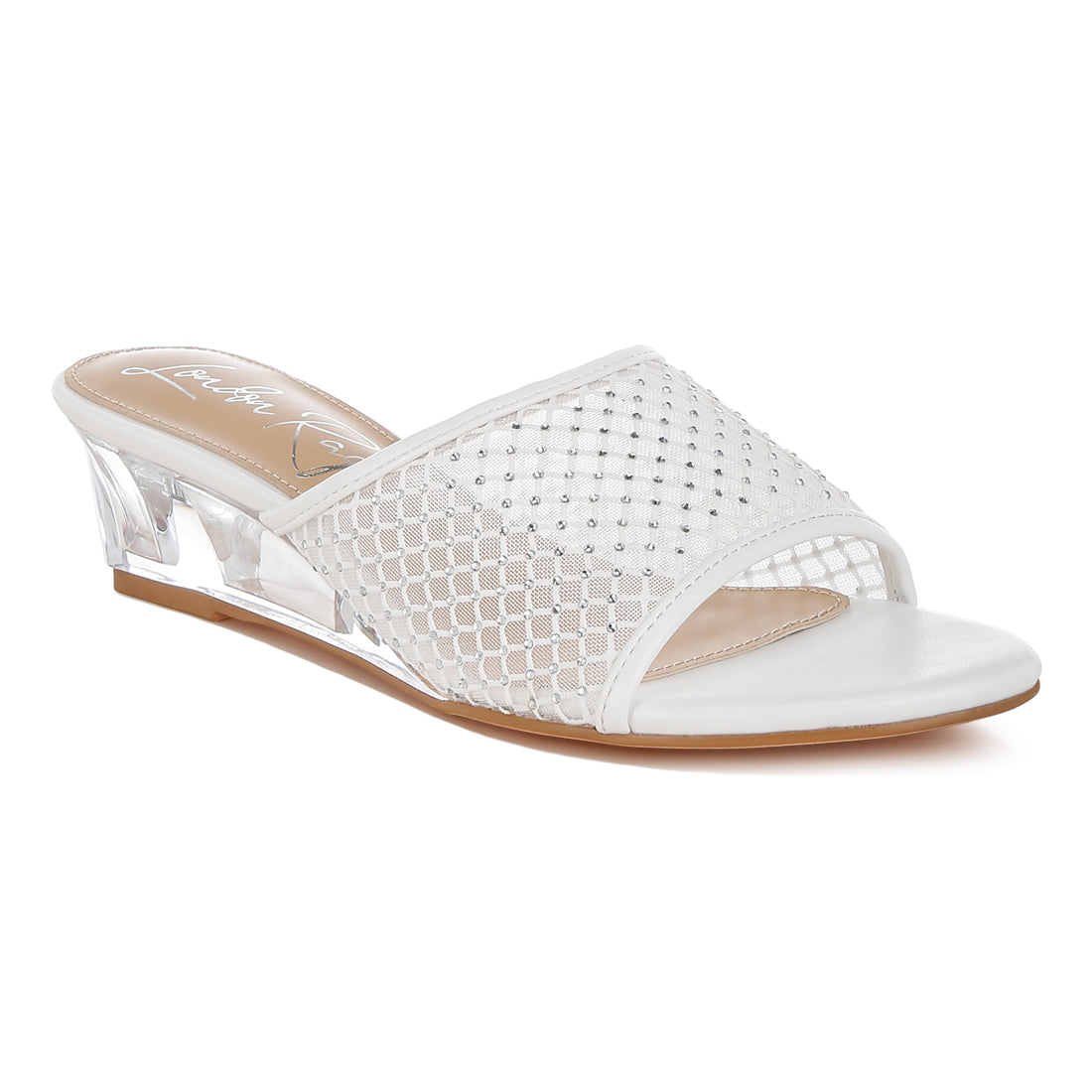 mesh clear heel wedge sandals#color_white