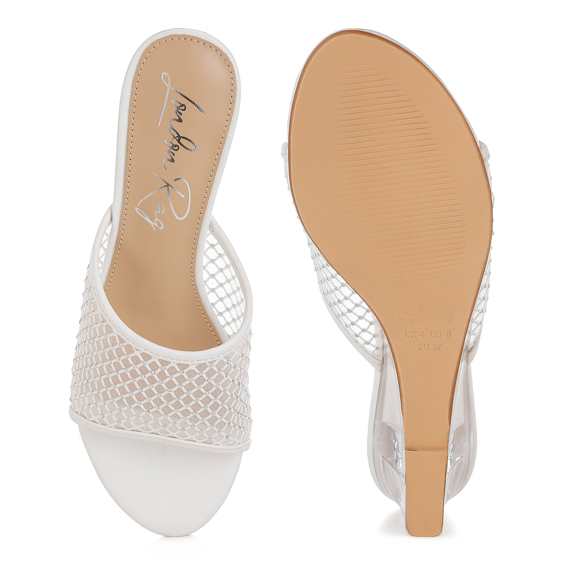 mesh clear heel wedge sandals#color_white