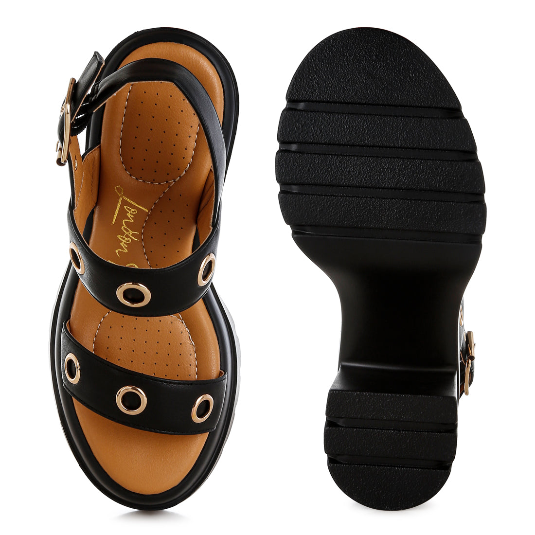 eyelet detail platform heel sandals#color_black