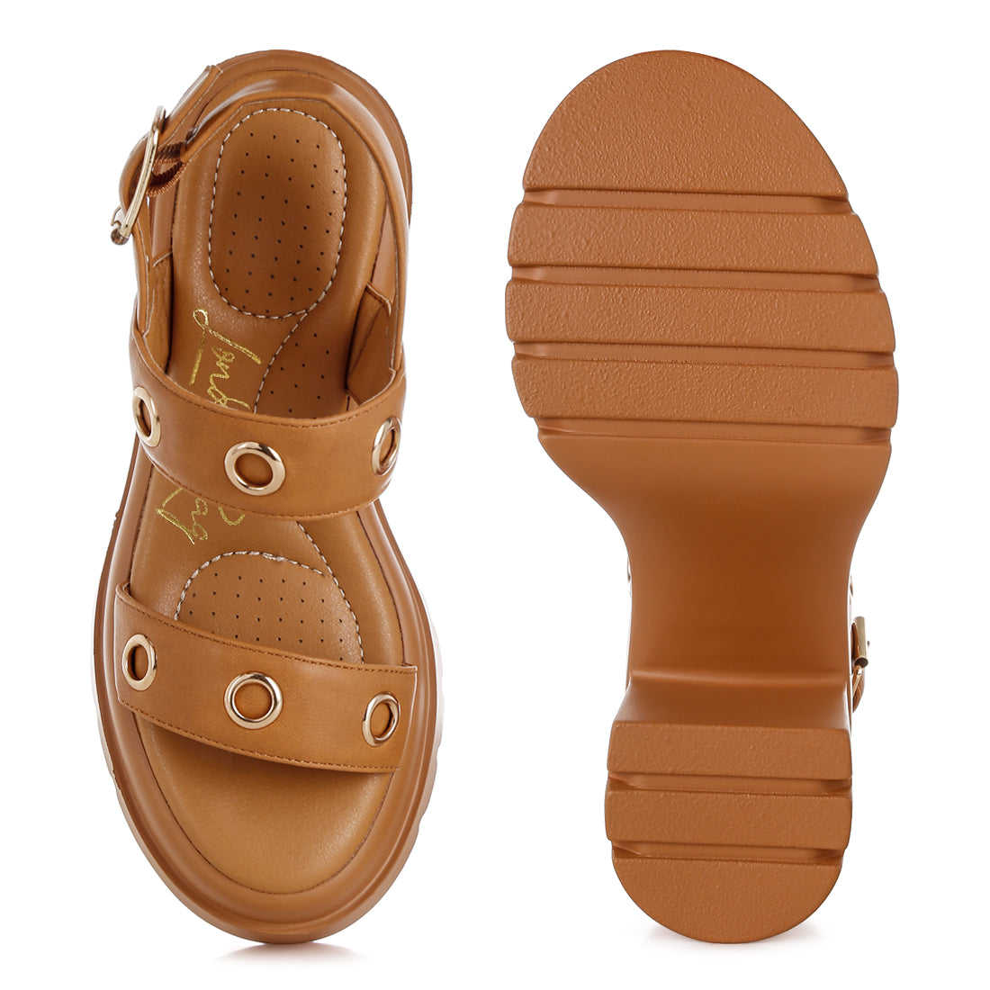 eyelet detail platform heel sandals#color_tan