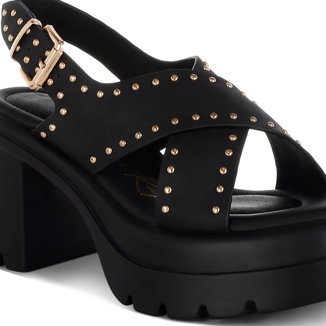 women stud embellished block heel sandals#color_black