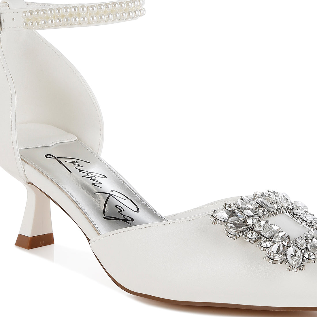 diamante brooch kitten heel sandals#color_white