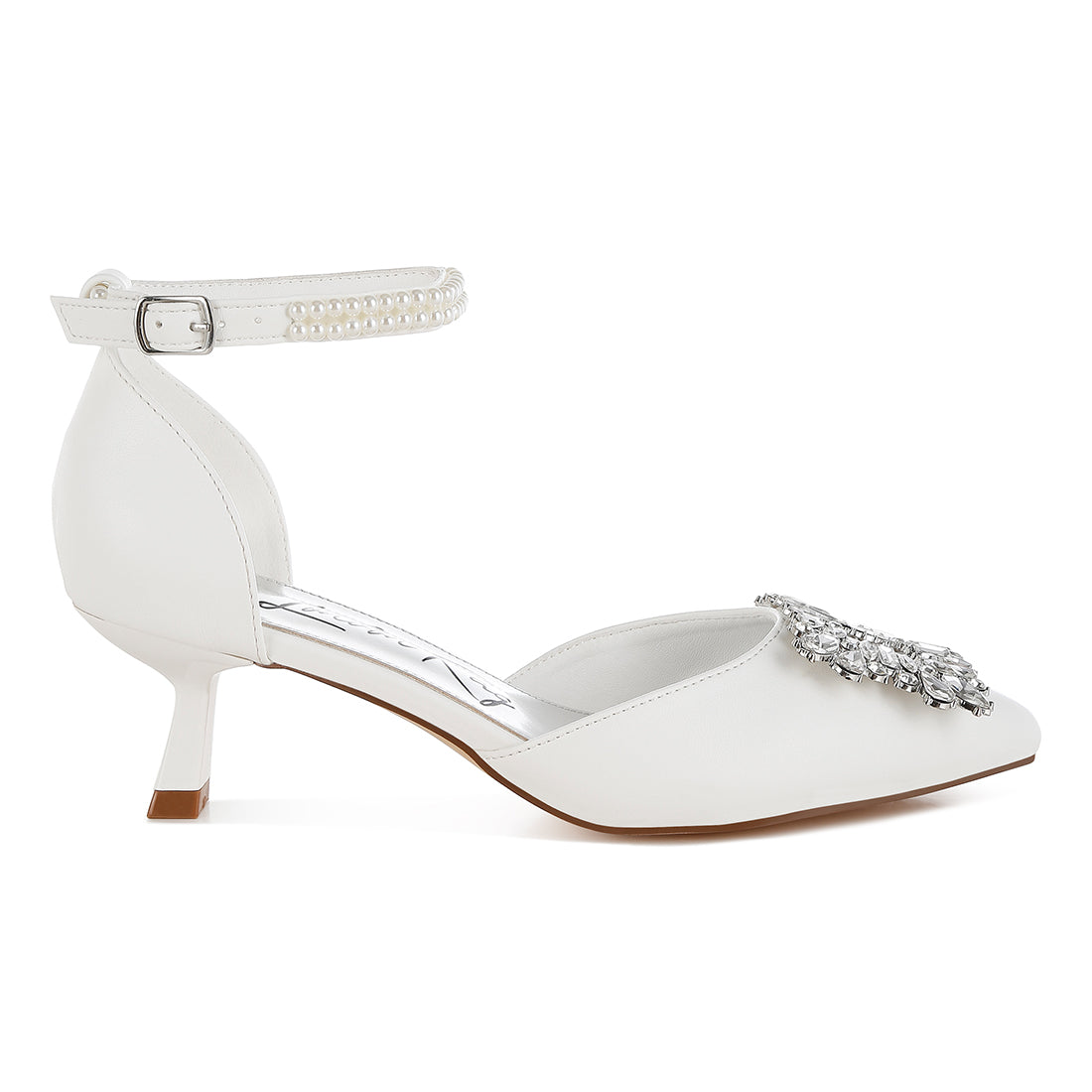 diamante brooch kitten heel sandals#color_white