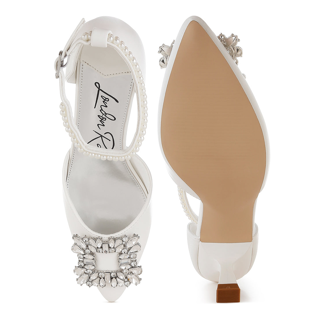 diamante brooch kitten heel sandals#color_white