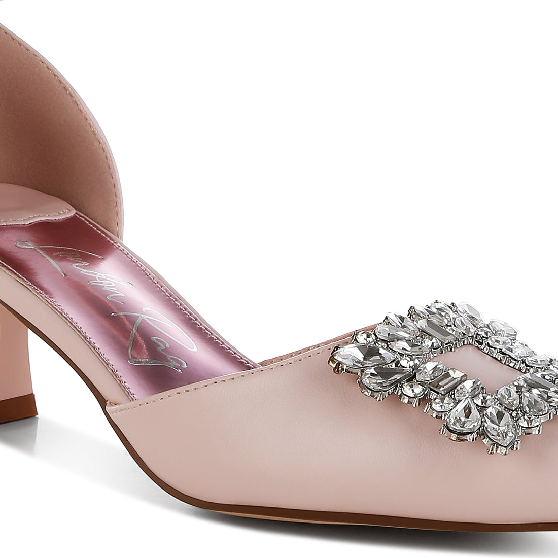 diamante brooch kitten heel sandals#color_pink