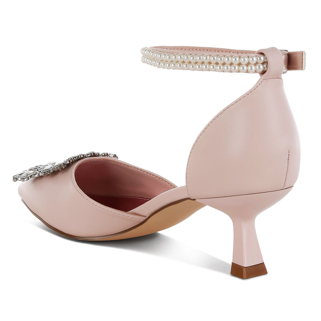 diamante brooch kitten heel sandals#color_pink