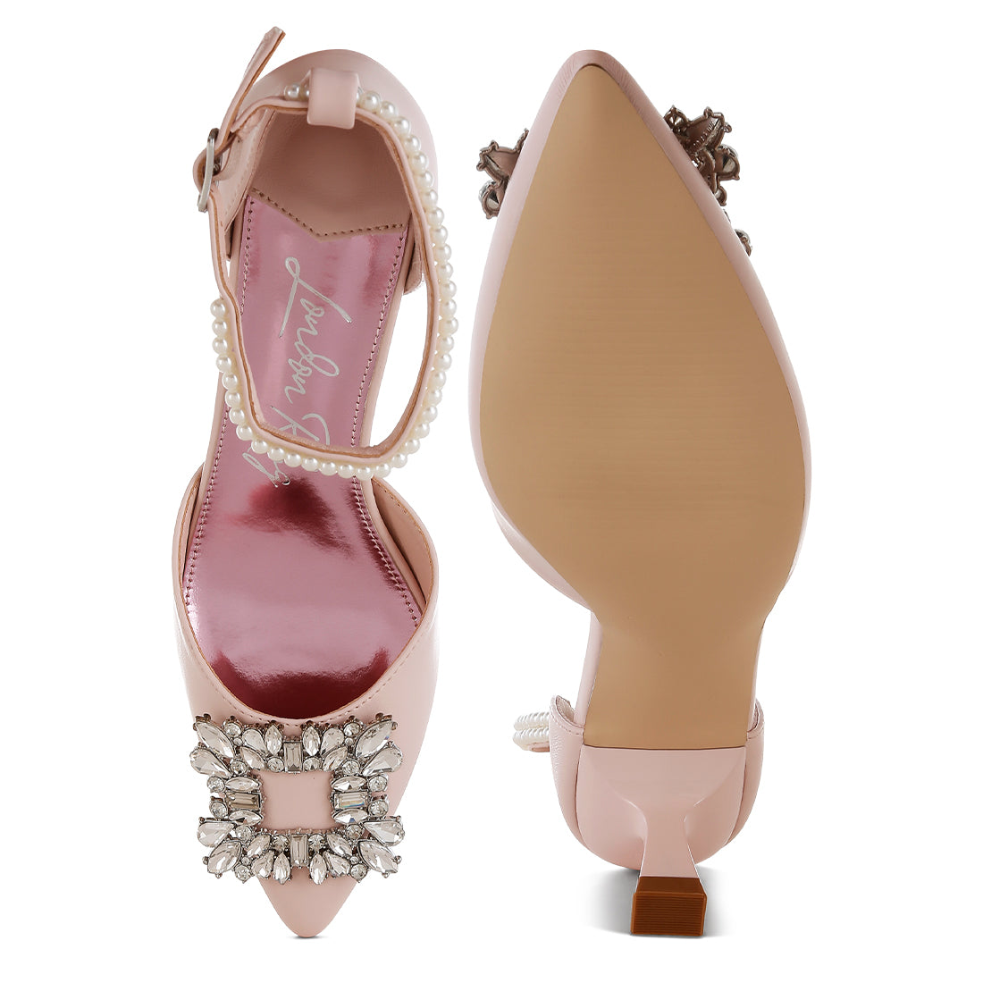 diamante brooch kitten heel sandals#color_pink