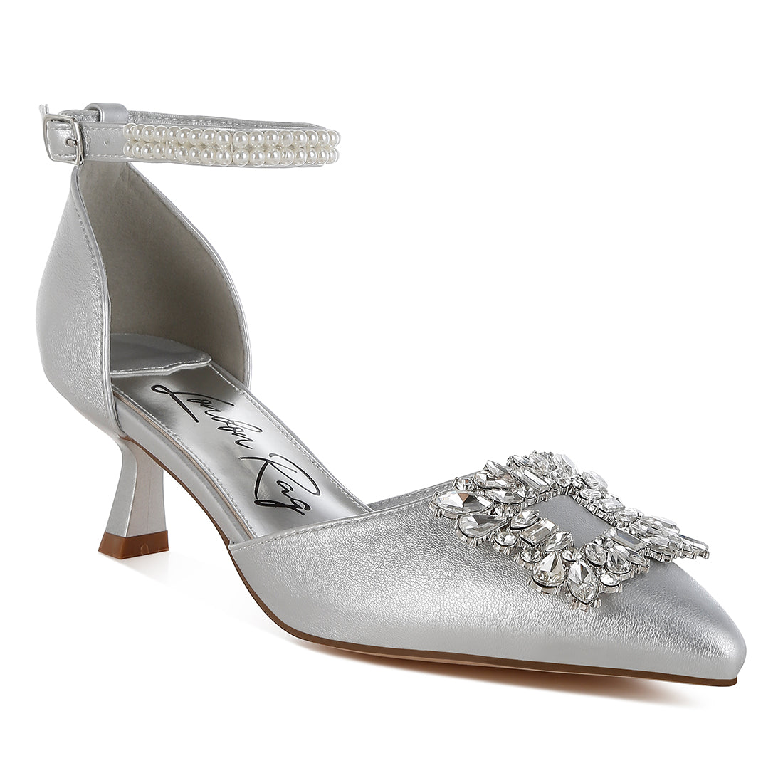 diamante brooch kitten heel sandals#color_silver