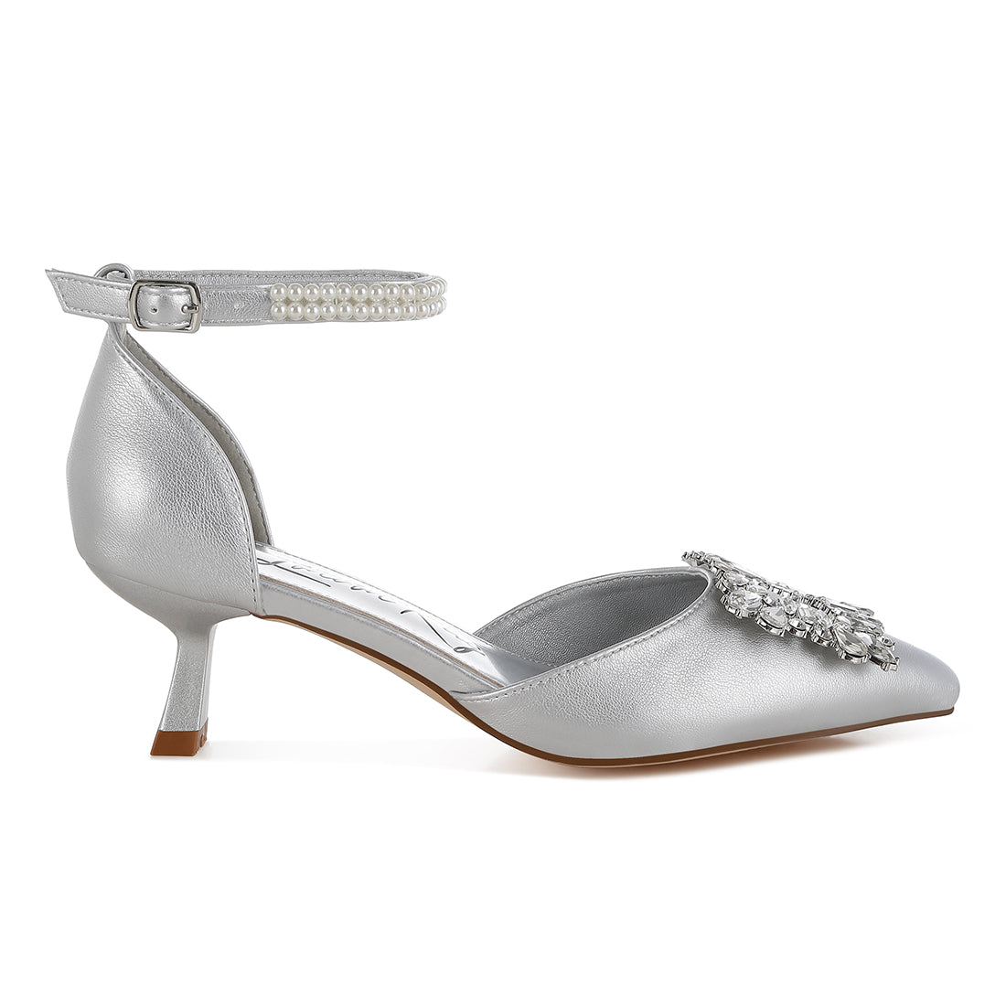 diamante brooch kitten heel sandals#color_silver