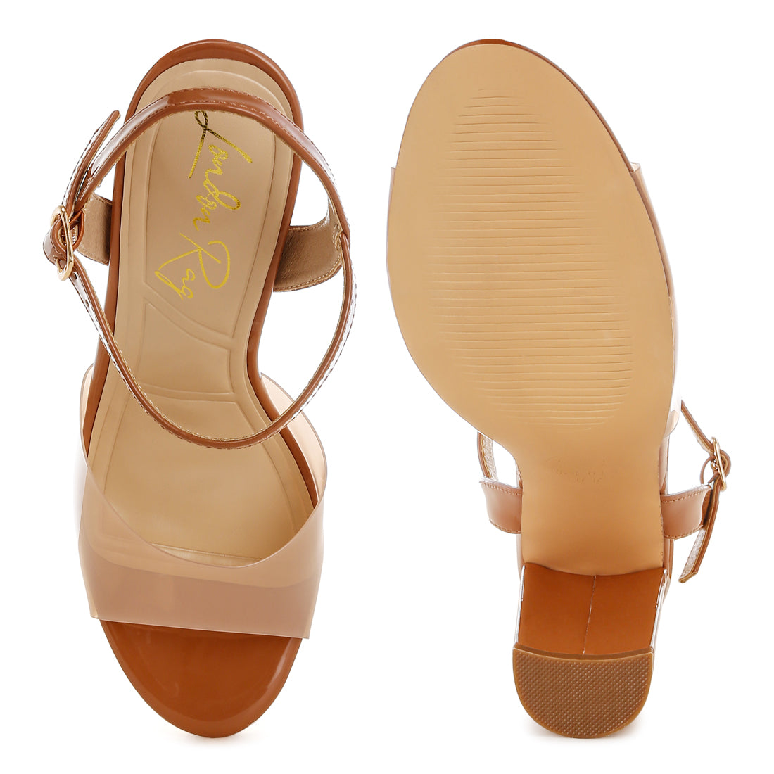 tinted clear strap block heel sandals#color_tan