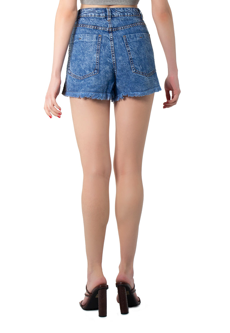 Blue Side Slit Raw Hem Denim Shorts
