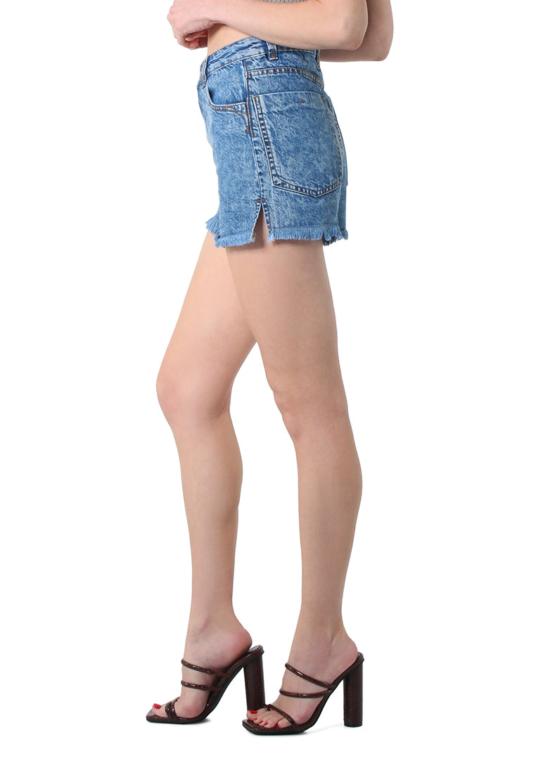 Blue Side Slit Raw Hem Denim Shorts