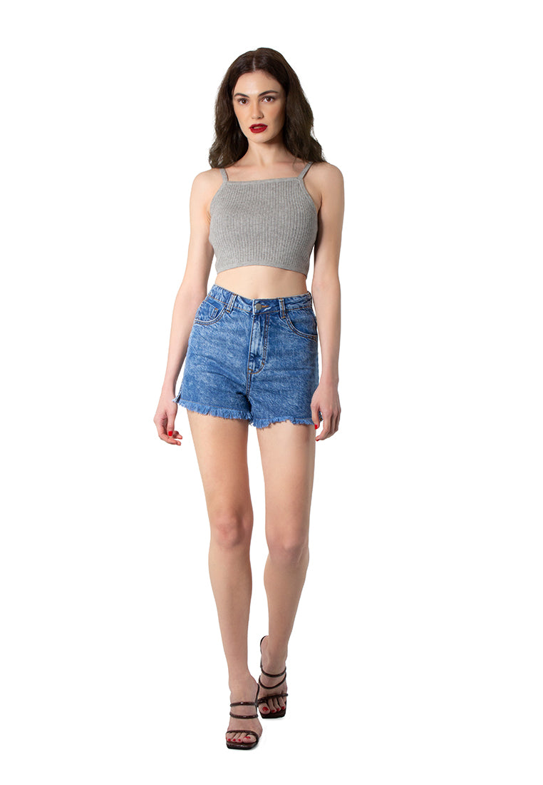 Blue Side Slit Raw Hem Denim Shorts