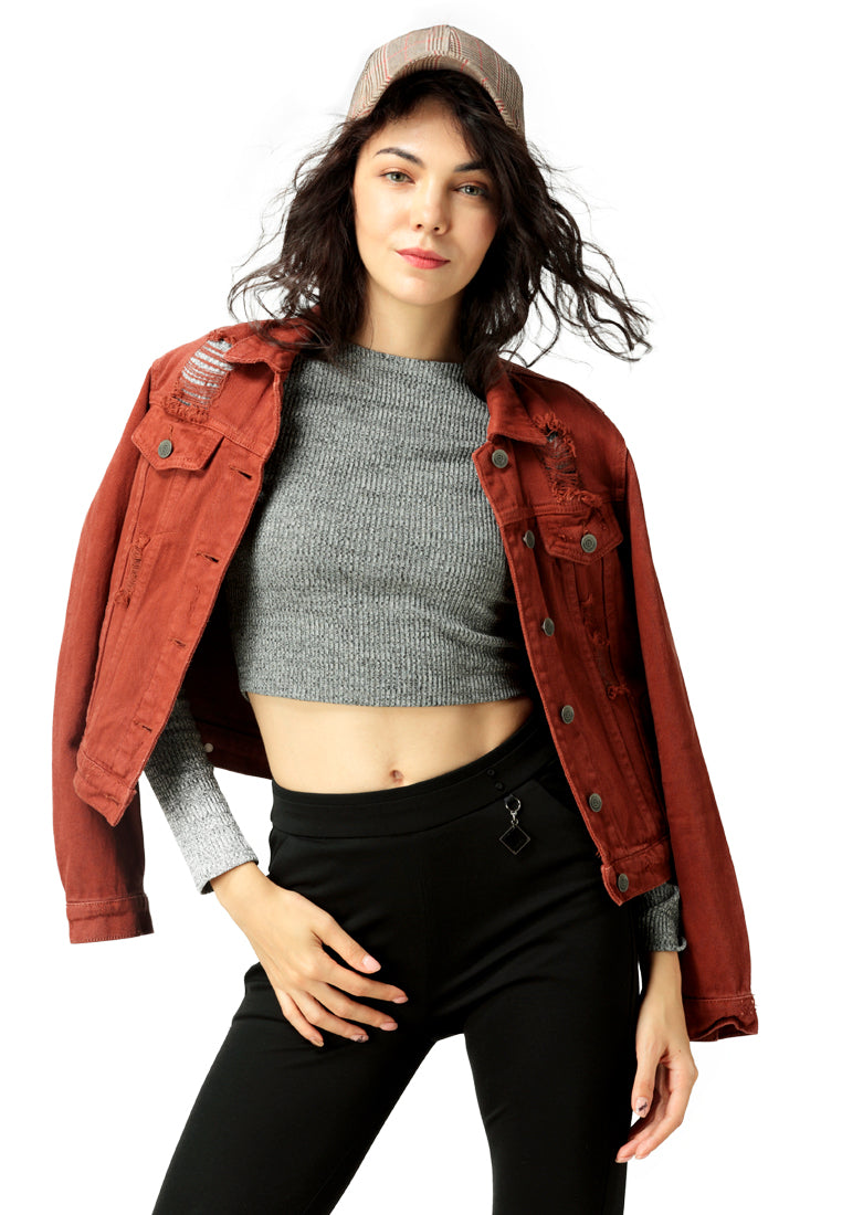 Rust Orange Ripped Denim Jacket