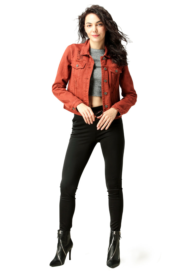 Rust Orange Ripped Denim Jacket