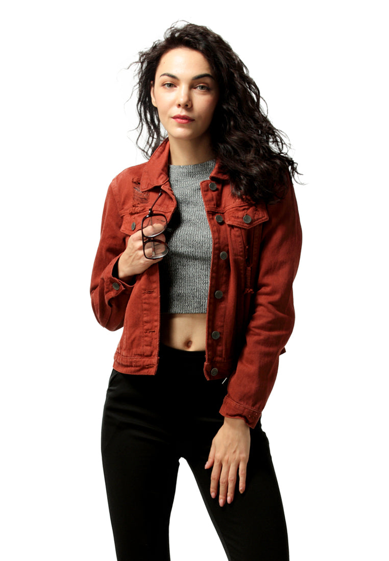 Rust Orange Ripped Denim Jacket