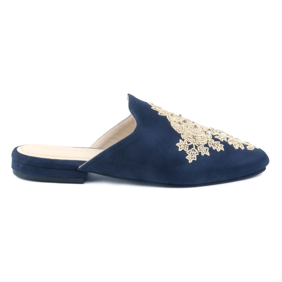 Navy Embroidered Patch Suede Mules