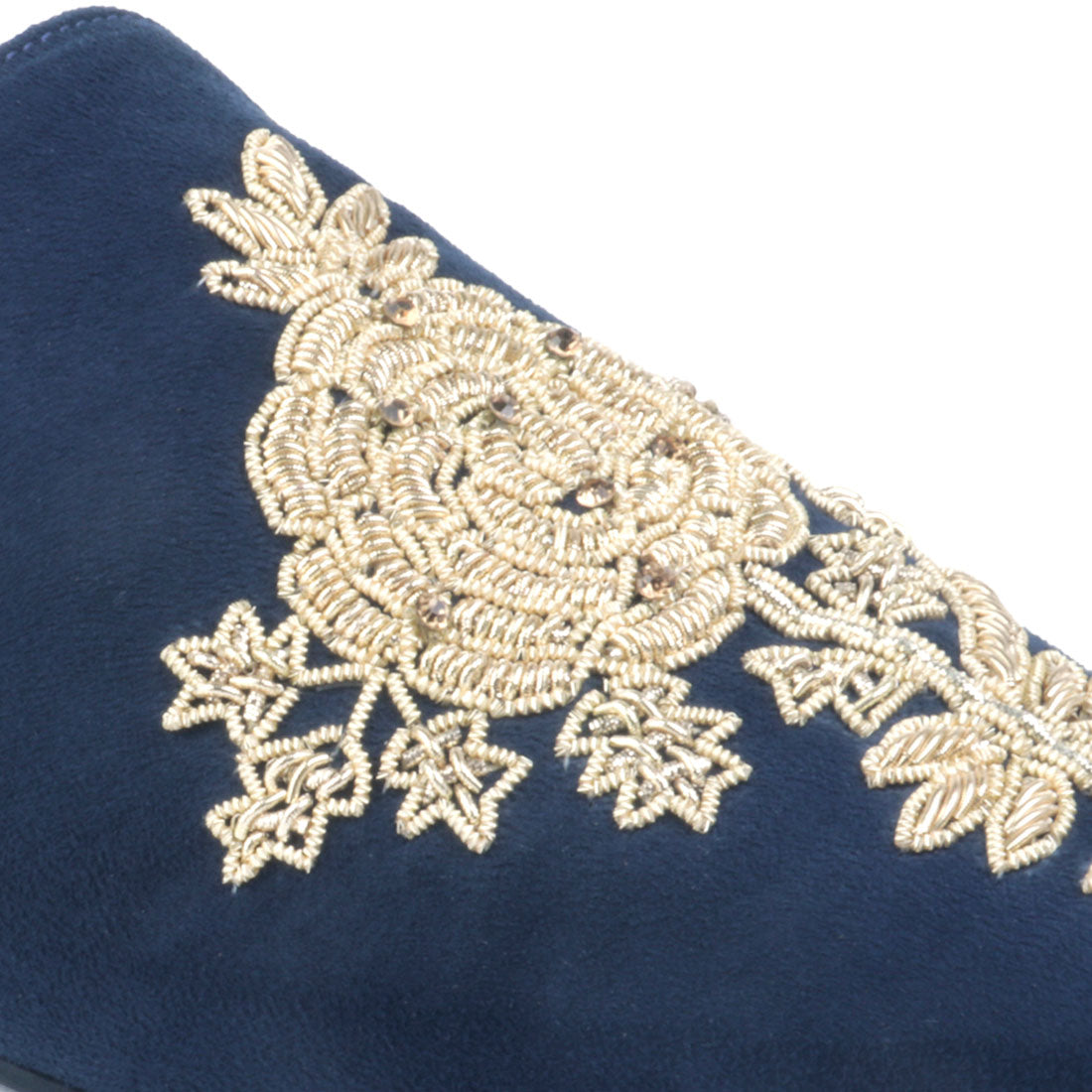 Navy Embroidered Patch Suede Mules
