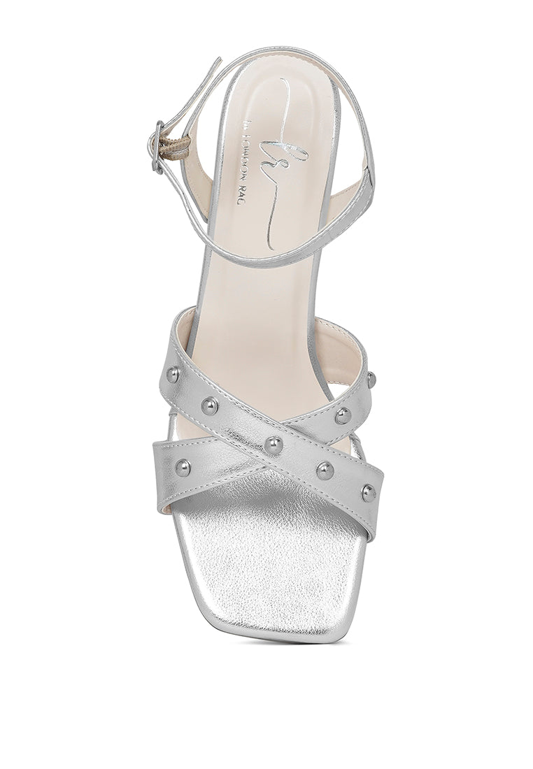 Women Metallic Stud Accent Block Heel Sandals