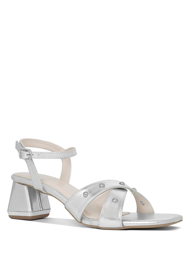 Women Metallic Stud Accent Block Heel Sandals