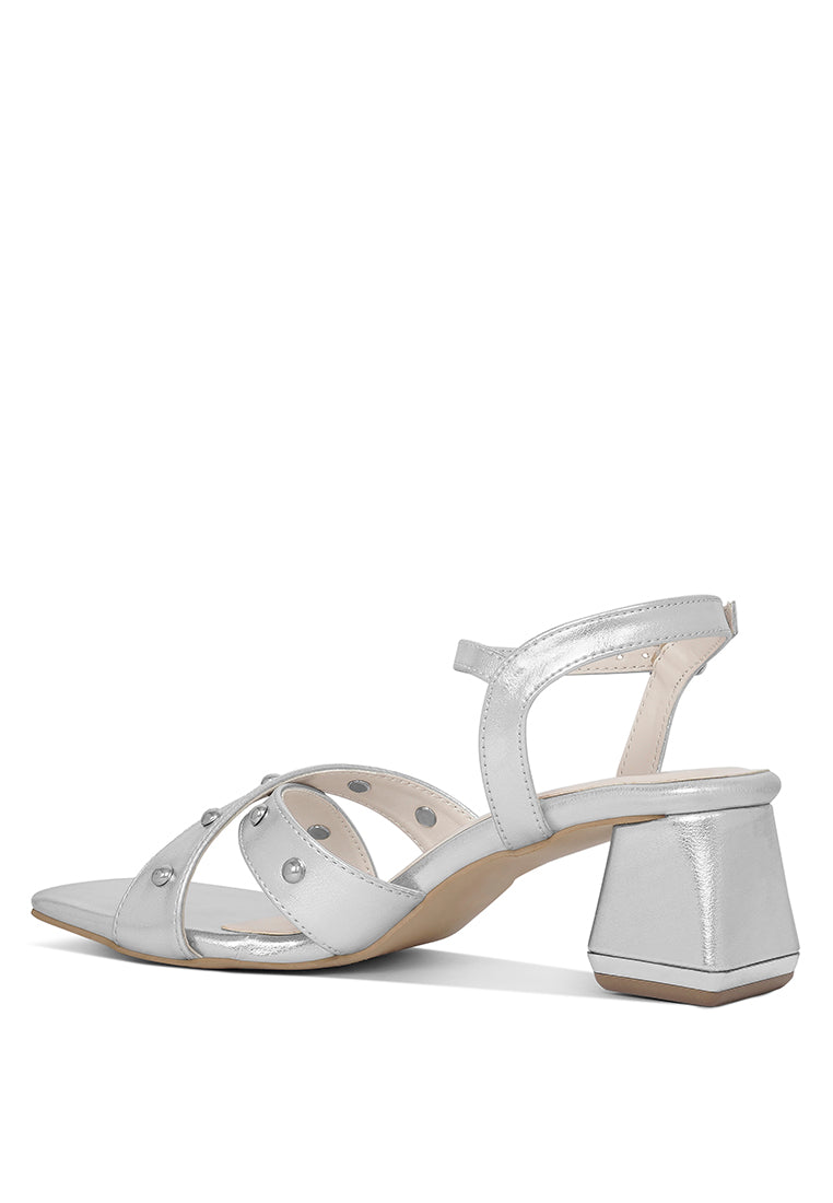 Women Metallic Stud Accent Block Heel Sandals