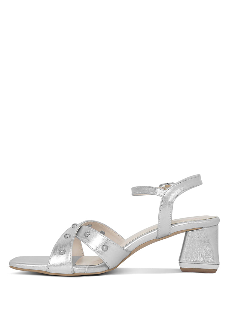 Women Metallic Stud Accent Block Heel Sandals