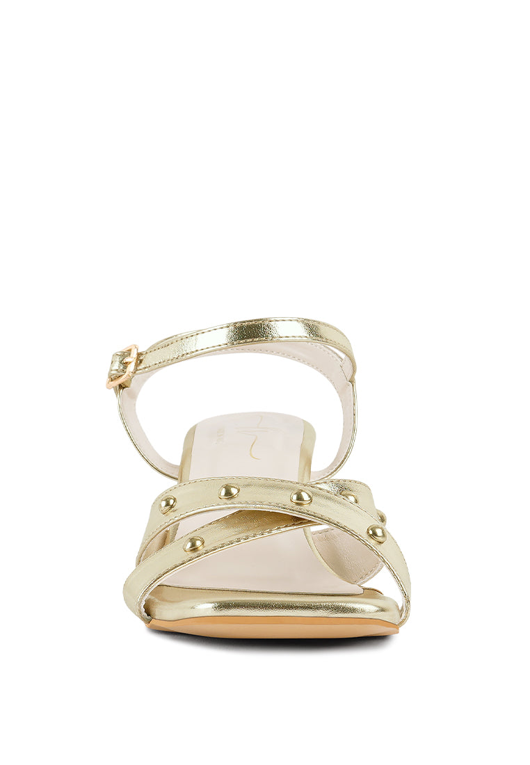 Women Metallic Stud Accent Block Heel Sandals