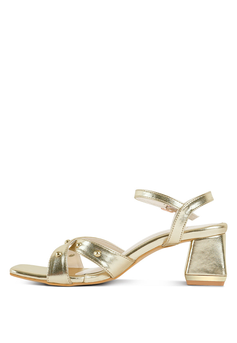 Women Metallic Stud Accent Block Heel Sandals