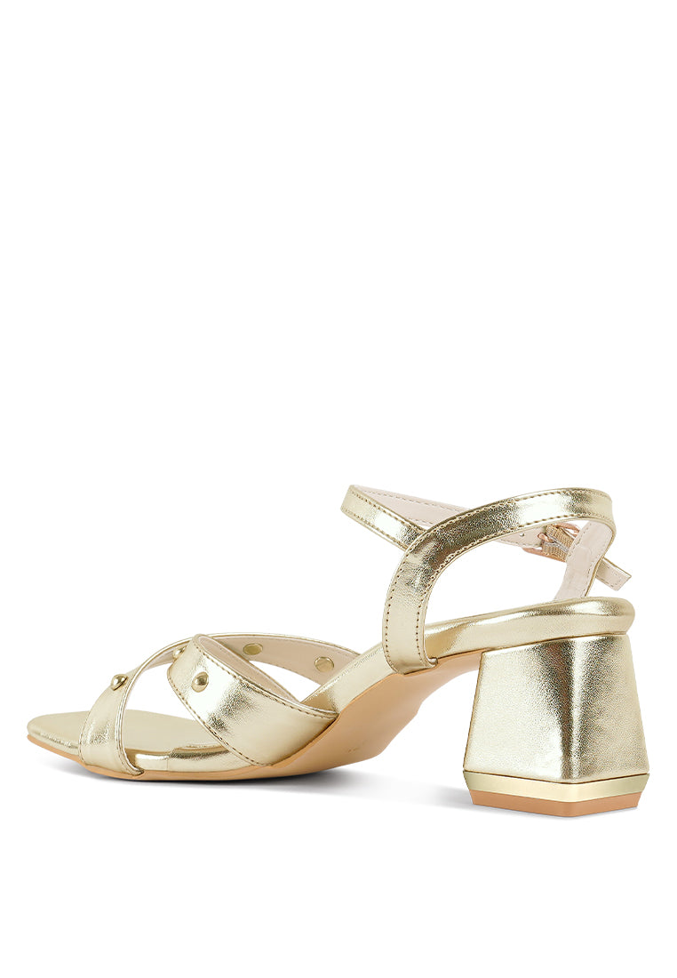 Women Metallic Stud Accent Block Heel Sandals